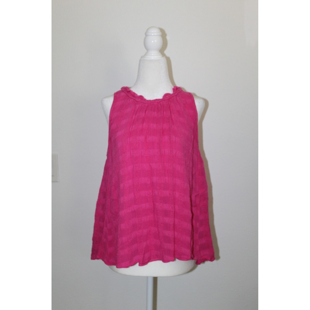 Kaari Blue Women's Hot Pink Ruffle Neck Sleeveless Textured Checkered Blouse S
